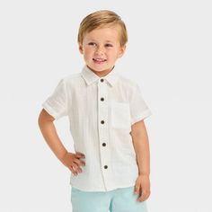 Toddler Boys' Short Sleeve Textured 'Button-Up' Shirt - Cat & Jack™ White 18M 2024 Family, Family Pics, Toddler Boy Outfits, Hem Style, Outfit Combinations, Chambray Shirt, Light Blue Denim, Family Session, Pair Of Pants