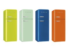 three different colored refrigerators side by side