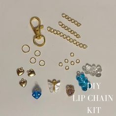 several different types of rings and chains on a white surface with the words diy lip chain kit