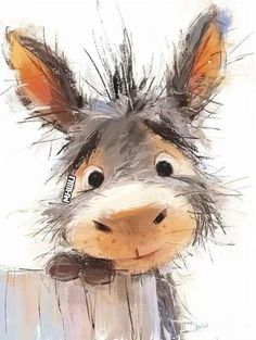 a drawing of a donkey with hair on it's head and nose, looking at the camera