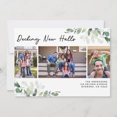 the holiday card features three photos of family members and their families, including one with green leaves on it