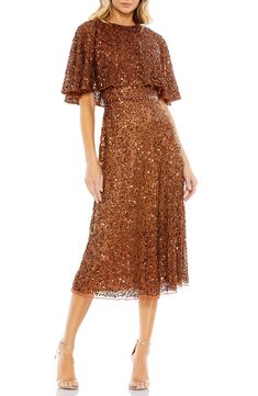 Copper Cocktail Dress, Enchanting Dress, Sequin Cape, High Neck Midi Dress, Semi Formal Dress, Cocktail Attire, Cape Sleeves, Mac Duggal, Sequin Fabric