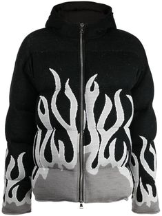 jet black/off-white/light grey wool padded design patterned intarsia knit intarsia-knit logo drawstring hood funnel neck front two-way zip fastening long sleeves straight hem Knit Intarsia, In Flames, Knit Logo, Pad Design, Mens Outerwear, Funnel Neck, Jet Black, Funnel, Puffer Jacket