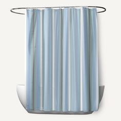 a shower curtain with blue and white stripes