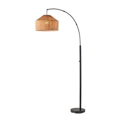 a floor lamp with a wooden shade on the top and an iron pole underneath it