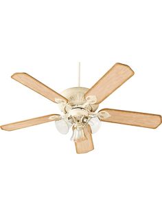 a ceiling fan with three wooden blades