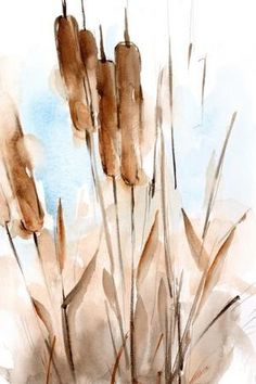 watercolor painting of grass with blue sky in the backgrounnd and white background