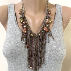 Big, Bold Statement Necklace Features Mixed Metal Antiqued Gold, Silver And Copper Faceted Acrylic Teardrops And Strands And Strands Of Matching Mixed Metal Long Chain. The Longest Chain On The Bib Measures 5 Inches. Measures 19 Inches With A 3 Inch Extender And Lobster Clasp. Truly A One Of A Kind Statement Necklace. Comes With Free Matching Earrings. Never Worn. Multi-strand Beaded Chain Long Necklace In Costume Jewelry Style, Luxury Multi-strand Chain Necklace For Statement Jewelry, Metal Multi-strand Necklace With Chunky Chain, Luxury Multi-strand Metal Chain Necklace, Vintage Multi-strand Metal Necklace, Bold Statement Necklaces, Long Chain, Mixed Metals, Matching Earrings