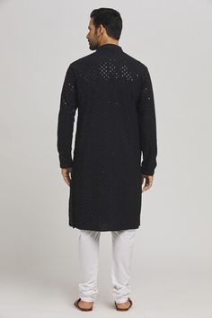 Black cotton kurta with mirror and thread embroidered geometric pattern. Comes with churidar. - Aza Fashions Black Chanderi Sherwani With Chikankari Embroidery, Black Chikankari Chanderi Sherwani, Transitional Black Kurta With Mirror Work, Black Straight Kurta With Motifs, Black Kurta With Motifs For Diwali, Black Kurta With Motifs For Navratri, Men Kurta, Cotton Kurta, Churidar