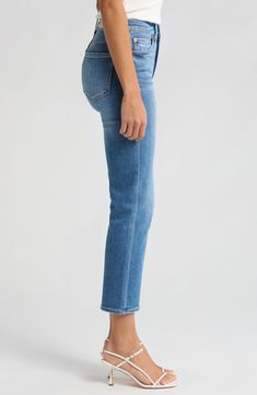 Made to go with endless casual outfits, these super-stretchy, slim-cut jeans are faded at the thighs and distressed around the edges for a lived-in look. 26" inseam; 14" leg opening; 11 front rise; 15" back rise (size 29) 95% cotton, 4% elasterell-p, 1% spandex Machine wash, tumble dry Imported Everyday Cropped Jeans With Frayed Hem, Stretch Cropped Jeans With Frayed Hem In Medium Wash, Medium Wash Straight Cropped Jeans With Frayed Hem, Straight Cropped Jeans With Frayed Hem In Medium Wash, Everyday Jeans With Frayed Straight Hem, Everyday Jeans With Frayed Hem, Faded Jeans With Frayed Hem For Everyday Wear, Trendy Stretch Jeans With Straight Hem, Fitted Flare Jeans With Frayed Hem For Everyday