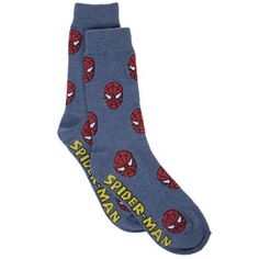 Personalize your outfit with accessories inspired by your favorite characters! Spiderman Crew Socks feature a heather blue background with repeating designs of Spiderman's mask. At the bottom, "Spiderman" is written in yellow font. Put these on and pair them with your favorite shoes! Details: 	 Size: Adult's 6.5 - 12 	 Content: 98% Polyester & 2% Spandex 	 Care: Machine Wash, Cold, Like Colors; Non-Chlorine Bleach When Needed; Tumble Dry, Low; Do Not Iron. Card contains 1 pair of socks. Spiderman Socks, Man Socks, Spiderman Mask, Captain America Iron Man, 70s Clothing, Dr Shoes, Funky Socks, Funny Socks, Cool Socks