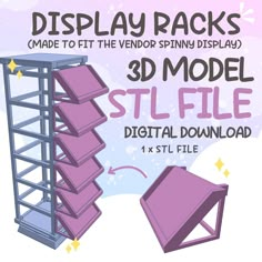 Display racks designed to fit the spinny display tower! The racks can be used to display stickers, buttons, pins and etc!  Mix and match the hooks with these racks to make the display more interesting!  This is just for the rack design, the spinny display tower STL file is not included in this listing! NOTE: This is a digital product. No physical item will be shipped.  FOR PERSONAL USE ONLY, NOT PERMITTED TO RESELL FILE OR PHYSICAL PRODUCT Dimensions: Height: 1.865 in length: 4.338 in depth: 2.4 Jewelry Market Displays, Art Booth Display Ideas, Artist Alley Display, Display Stickers, Gift Shop Displays, Display Tower, Vendor Displays, Craft Fairs Booth, Pop Up Market