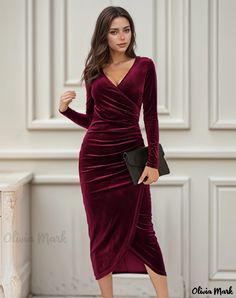 Olivia Mark - Elegant Velvet Midi Dress with Crossed Back, Perfect for Cocktail Parties and Evening Events Velvet Style, 파티 드레스, Purple Midi Dress, Red Velvet Dress, Ruched Midi Dress, Body Con Dress, Velvet Fashion, Red Midi Dress, Black Midi