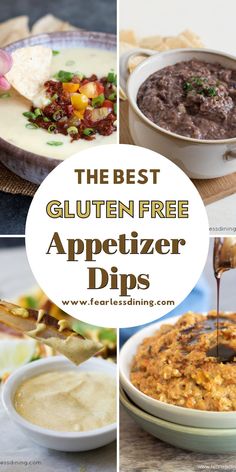 a collage of four gluten free dip appetizer recipes Gluten Free Dips And Appetizers, Gluten Free Dip Recipes, Gluten Free Chicken Wings, Gluten Free Meatballs Recipe, Aka Party, Cold Party Appetizers, Gluten Free Dips, Gluten Free Recipes Appetizers