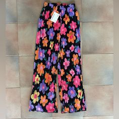 Brand New With Tags, Never Been Worn. Elastic Waist Band And Super Stretchy Throughout 90s Style Pink Wide Leg Pants, 90s Style Stretch Wide Leg Pants, 90s Style Trousers For Spring, Stretch Bottoms With 90s Style For Spring, Retro Black Spring Pants, Black Retro Spring Pants, 90s High Waist Pants For Summer, Retro Black Pants For Spring, 90s Style Full-length Bottoms For Spring