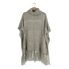 Khaki Meegan Poncho-Lange General Store Casual One Size Poncho With Fringe, Casual One-size Poncho With Fringe, Knit Outerwear With Fringe For Fall, Knit Fringe Outerwear For Fall, Oversized Soft Knit Poncho For Fall, Oversized Fringe Casual Poncho, Oversized Fringe Poncho Casual Style, One Size Gray Sweater For Fall, Cozy Fringe Outerwear For Fall