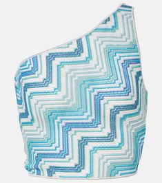 One-shoulder lamé crop top in blue - Missoni | Mytheresa Spring Knits, Spring Bags, Europe Summer, Blue Tones, Color Names, Missoni, Summer 2024, Luxury Lifestyle, Designing Women