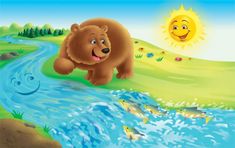 there is a bear that is walking across the river and smiling at someone in the distance