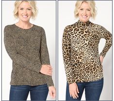 Building your fall/winter capsule collection? Be sure to include this set of two printed tops from Susan Graver. Crafted in luscious, drapey Liquid Knit®, they'll double your OOTD options with a scoop neck and a mock neck style, perfect for layering under cardis, blazers, or simply styling all on their own. From Susan Graver. Fall Leopard Print Button-up Blouse, Cheap Leopard Print V-neck Tops, Susan Graver, Affordable Leopard Print V-neck Top, Winter Capsule, Knit Set, Capsule Collection, Mock Neck, Scoop Neck