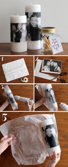 the instructions for how to make a diy photo wrapped candle holder with tissue paper