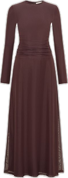 Adelina Rouched Mesh Maxi Dress - Chocolate Plum Clothing Veiled Brown Pleated Evening Dress, Elegant Brown Ruched Midi Dress, Elegant Brown Pleated Midi Dress, Formal Brown Ruched Midi Dress, Brown Fitted Dress With Surplice Neckline, Figure Flattering Dresses, Mesh Maxi Dress, Cuff Sleeves, Chocolate Brown