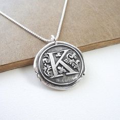 Floral Wax Seal Monogram Necklace, Personalized, Initial, Fine Silver, Sterling Silver Chain, Made T Vintage Initial Necklace Gift, Vintage Initial Necklace As A Gift, Vintage Monogram Necklace As Gift, Classic Silver Hand Stamped Necklace, Vintage Initials Pendant Jewelry, Vintage Sterling Silver Initial Pendant Necklace, Vintage Monogram Necklace With Initial Pendant, Vintage Monogram Necklaces With Initial Pendant, Vintage Silver Initial Pendant Necklace