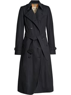 Midnight cotton/calf leather Chelsea Heritage long trench coat from BURBERRY featuring notched lapels, double-breasted button fastening, belted waist, two side inset pockets, storm flap and long sleeves. | Burberry Chelsea Heritage long trench coat Black Trench Coat, Burberry Outfit, Blue Trench Coat, Burberry Trench, Burberry Trench Coat, Coats Women, Long Trench, Long Trench Coat, Belted Trench Coat