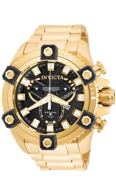 This impressive Invicta Coalition Forces watch features a Quartz movement, all in a solid gold case. Its black metal dial is enclosed by a highly protective Flame Fusion Crystal. This watch is finished by a strong gold stainless steel band, and it offers 200m water resistance.Covert operations are revealed as Invicta's stealth Coalition Forces steps into the fore. Conditioned to handle the most sophisticated of endeavors, the Coalition Forces are at the ready, available for the day-to-day maneuv Modern Yellow Gold Automatic Chronograph Watch, Gold Chronograph Watch Accessories With Round Dial, Gold Watches With Tachymeter And Round Dial, Gold Automatic Chronograph Watch Modern Style, Modern Gold Automatic Chronograph Watch, Gold Chronograph Watch With Metal Dial, Gold Watch Accessories With Tachymeter, Luxury Gold Chronograph Watch With Metal Dial, Luxury Gold Chronograph Watch With Tachymeter