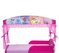 a pink bed with princess canopy and purple bedspread on the bottom, in front of a white background