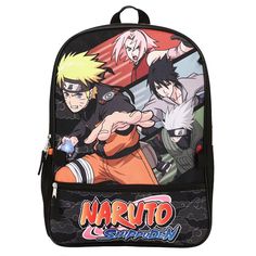 Show off your love for your favorite anime cartoon with this stylish Naruto anime character print orange & black 5-piece backpack accessory set! The Naruto anime cartoon fan accessory set is a 5-piece backpack and bag set made of 600D, PVC, and a 210D Nylon Lining. The Naruto bag fan accessory set includes an adjustable strap backpack, insulated lunch box, carabiner, rubber molded keychain, and a utility bag. The Naruto anime cartoon fan merchandise set features bold Naruto character print desig Black Backpack For Cosplay, Themed Black Backpack For School, Themed Black School Backpack, Black Cartoon Backpack For Students, Black Kawaii Backpack For Students, Casual Cosplay Standard Backpack, Themed Backpack For Cosplay, Themed Black Bag With Character Print, Black Themed Bag With Character Print