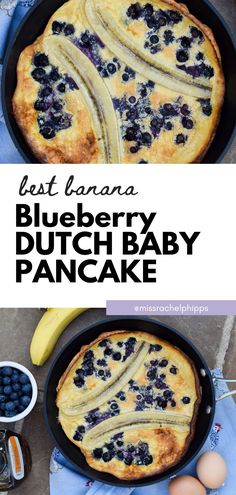 blueberry dutch baby pancake in a cast iron skillet with bananas and blueberries