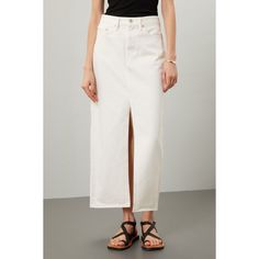 Off-white cotton (100% Cotton). Jeans & Denim. Front button fly closure. 38" inseam. 10.5" rise. Imported. Classic Cotton Bottoms For Day Out, Summer Cotton Denim Skirt With Button Closure, Classic Cotton Denim Skirt For Spring, High Rise Cotton Skirt With Relaxed Fit, High-rise Cotton Skirt With Relaxed Fit, Classic Cotton Denim Skirt, High Rise Cotton Skirt For Spring, Classic Cotton Relaxed Skirt, Chic Cotton Denim Skirt For Spring