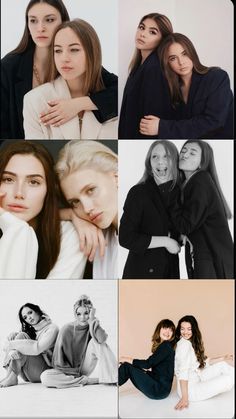 four different women are posing together in black, white and grey colors with their arms around each other