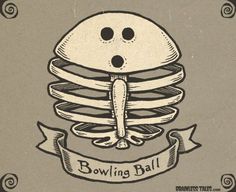 a drawing of a skeleton with a bowling ball on it's back