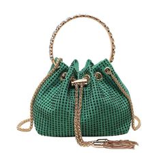 Make a bold fashion statement with our New Women's Trendy Colorful Diamante Chain Tassel Crossbody Bucket Bag. This eye-catching handbag is designed to turn heads and add a vibrant touch to your ensemble.Featuring a unique round handle and a dazzling diamante chain tassel, this bag exudes trendiness and style. The colorful design adds a playful and youthful vibe to any outfit, making it a perfect choice for fashion-forward individuals.With its crossbody shoulder strap, this bag offers convenienc Glamorous Green Clutch Bag, Elegant Green Bag For Night Out, Trendy Party Shoulder Bag With Chain Strap, Green Shoulder Evening Bag For Party, Green Shoulder Bag For Summer Parties, Trendy Party Bags With Chain Detail, Green Summer Party Shoulder Bag, Summer Evening Bag With Chain Strap, Green Crossbody Bags For Party