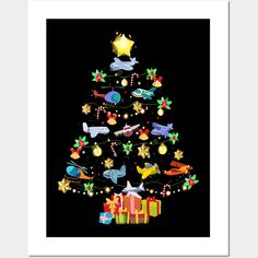 a christmas tree with presents on it in the shape of an airplane and stars, surrounded by