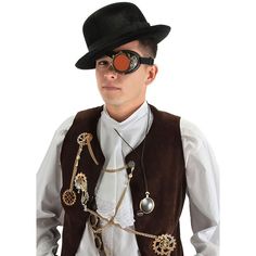 Accessorize your Steampunk costume with this Cyber Steam Eye Patch Goggle! The unique costume accessory puts a mechanical twist on classic eye patches and is sure to add intrigue to your Steampunk character. A gold-toned plastic goggle frame is set with a brown-tinted lens and attached to a length-adjustable elastic band that holds the eye-catching patch securely in place! Adjustable Retro Costume Accessories For Costume Party, Steampunk Masks And Prosthetics For Costume Party, Adjustable Steampunk Masks And Prosthetics For Costumes, Steampunk Halloween Costume Accessories, Adjustable Gold Costume Accessories For Cosplay, Steampunk Costume Accessories For Cosplay In Gold, Steampunk Gold Costume Accessories For Cosplay, Gold Steampunk Costume Accessories For Cosplay, Gold Steampunk Costume Accessories For Costume Party