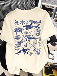 Beis Casual Collar manga corta Tela tejida Animal,Galaxia,Geométrico,Plantas  Embellished Estiramiento medio Cute Tops Preppy, Cute Cheap Shirts, Ocean Clothes, Ocean Shirts, Beachy Clothes, Shein Shirts, Indie T Shirts