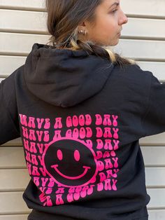 "Print in USA.  \"Have a Good day\". Print in Hot Pink on Black Hoodie and Navy on White Hoodie. Cozy up this season with our latest collection of hoodies  oversized sweatshirt and sweatshirts. Featuring a soft material perfect for chill days, this style is ideal for layering under a trench coat in fall, or wearing alone when the days start to get a little warmer. For days at home, pair a relaxed-fit hoodie  and prepare for comfort heaven.  Style: Printed Hoodie,  Solid color hoodie Back   graphic Fabric: Jersey Length: Regular Neckline: Hooded Sleeve Length: Long Sleeve Ribbed cuffs and hem 60% COTTON 40% POLYESTER. MACHINE WASHABLE. Model measurements: 5'6\", size Small. Wearing size Medium." Trendy Black Hoodie With Screen Print, Cute Black Hoodie With Graphic Print, Fun Hooded Graphic Print Sweatshirt, Fun Graphic Print Hoodie, Fun Hoodie With Letter Print For Streetwear, Fun Letter Print Hoodie For Streetwear, Fun Hooded Hoodie With Letter Print, Black Letter Print Fun Sweatshirt, Fun Winter Hoodie With Letter Print