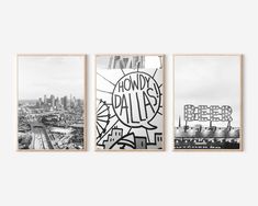 three black and white photographs with graffiti on them, one in the foreground is an image of a city