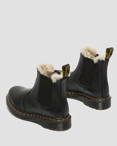 2976 Women's Faux Fur Lined Chelsea Boots in Black | Dr. Martens Winter Boots With Reinforced Heel, Winter Fitted Waterproof Boots, Fitted Waterproof Winter Boots, Classic Winter Boots With Suede Lining, Winter Ankle Boots With Faux Fur Trim, Casual Boots With Plush Lining, Classic Winter Chelsea Boots With Reinforced Heel, Classic Chelsea Boots With Reinforced Heel For Winter, Trendy Chelsea Boots For Winter Workwear