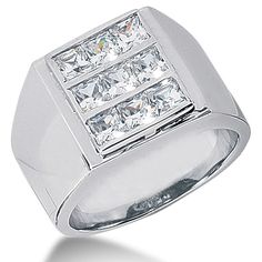 a men's ring with three princess cut diamonds set in the center, on a white background