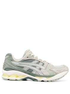 Gel-Kayano 14 lace-up sneakers from ASICS featuring olive green, silver-tone, calf leather, multi-panel design, side stripe detailing, logo-print tongue, round toe, front lace-up fastening, branded footbed and flat rubber sole. Asics Gel Kayano, Detailing Logo, Gel Kayano, Silver Sneakers, Sneakers Grey, Asics Gel, Side Stripe, Panel Design, Pure Silver