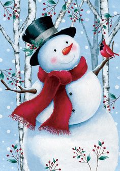 a painting of a snowman with a red scarf, hat and bird perched on a branch