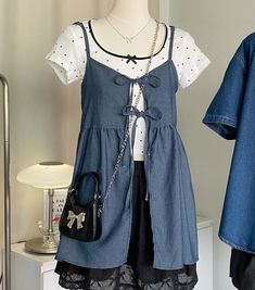 Shoujo Girls Outfits, Shoujo Summer Outfits, Sawako Outfit Ideas, Shojo Girl Outfit, Blue Coquette Outfit, Sawako Style, Plaid Outfits, Dope Fashion