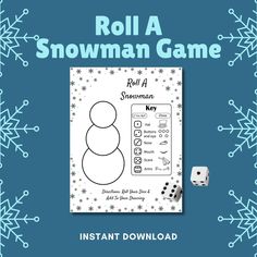 the roll a snowman game is shown with dices in front of it and snowflakes on the background