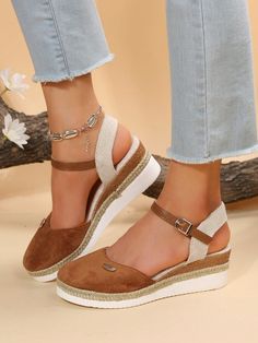 Marrón Vacación Collar   Color combinado Cuñas de corte Embellished Cheap Casual Wedge Sandals With Stacked Heel, Cheap Casual Wedge Sandals With Buckle Closure, Women Wedges, Peep Toe Wedge Sandals, Comfortable Wedges, Strap Wedge, Ankle Strap Wedges, Stylish Sandals, Light Weight Shoes