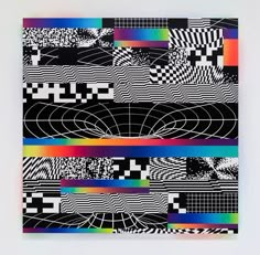 an abstract painting with different colors and lines on it's side, including black and white