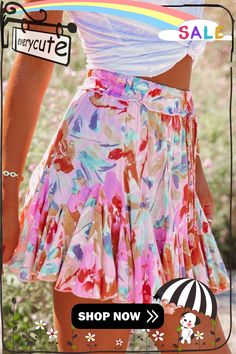 Multicolor Abstract Floral Print Ruffled Mini Skirt Spring Bohemian Skirt With Ruffle Hem, Bohemian Ruffle Hem Skirt For Spring, Bohemian Skirt With Ruffle Hem For Day Out, Multicolor Mini Length Summer Bottoms, Multicolor Mini Bottoms For Summer, Summer Mini Skirt With Ruffle Hem, Pink Ruffled Bottoms For Brunch, Flowy Multicolor Lined Skort, Trendy Multicolor Mini Skirt For Vacation