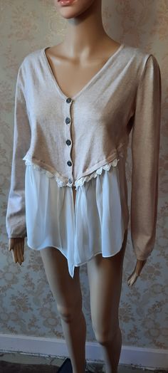 "Unusual vintage cardigan,beige fine knit with metal buttons.  The bottom of the cardigan is white sheer fabric edged with cotton lace.  It has a round neck, 5 buttons and falls from the bust. Bust;  38\" Length;  24\" Sleeve from armpit;  18\"     Made by CLARA VITTI" Vintage Knitwear, Boho Cardigan, Cardigan Vintage, Cardigan Beige, Jacket Sweater, Beige Cardigan, Vintage Cardigan, Sheer Fabric, Lovely Dresses